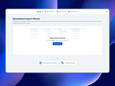 Spreadsheet Import Wizard 🪄 choose a file drag and drop dromo importer modal spreadsheet steps ui web app wizard xls