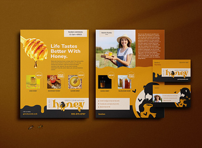 Local Honey Brand Identity Set bear beehive branding business card flyer golden graphic design honey marketing