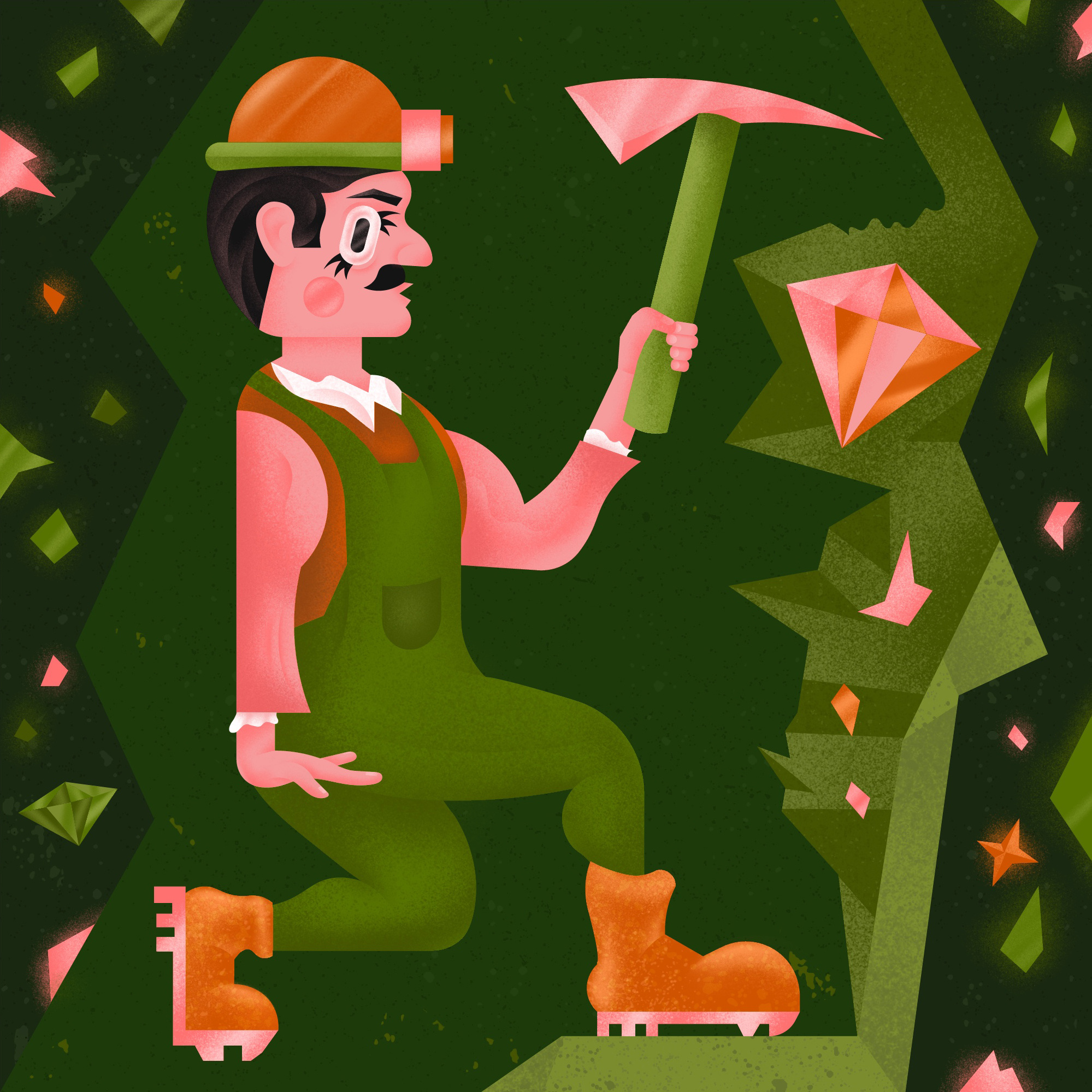 Miner ⛏️ adobe character digitalart editorial gaming gradient grain illustration illustrator jewel minecraft miner mineshaft mining procreate vector