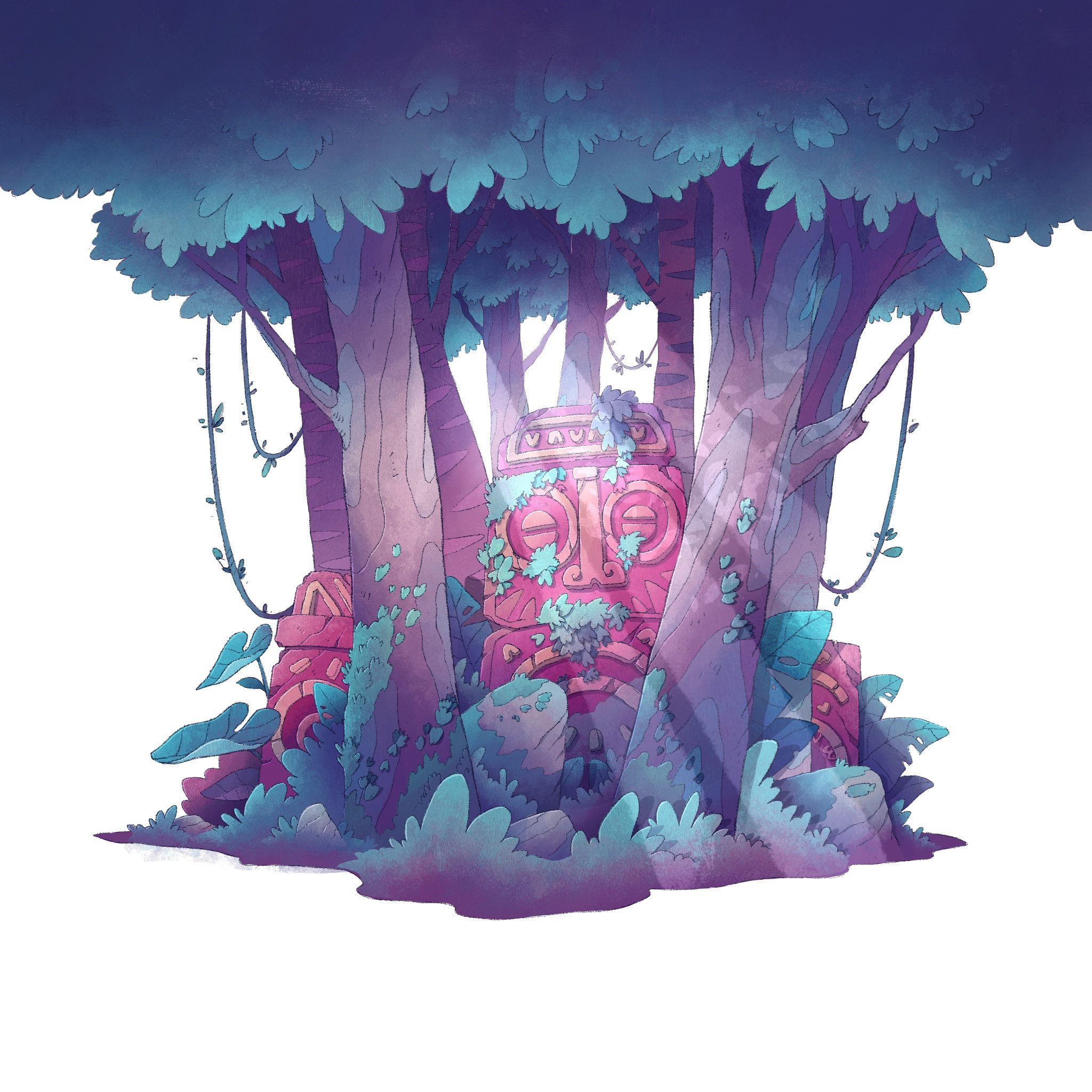 Lost Forest ancient artwork civilisation environnement fantasy forest illustration lanscape lights lost plants stones story totem trees tribe vegetation