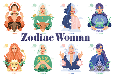 Zodiac Woman Illustration Set aries digital illustration divination editorial gemini gypsy hand drawn horoscope illustration leo libra portraits scorpio taurus virgo woman zodiac