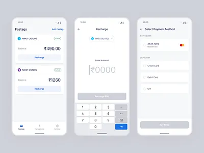 Recharge Flow - Mobile App app app design card clean ui credit card fastag finance india light mode minimal mobile app payment payment method product design recharge ui design upi