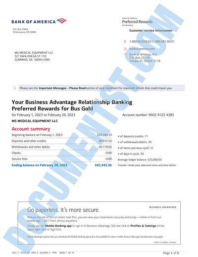 Bank of America Business Advantage Statement credit report payslip paystub proof of fund utility bill