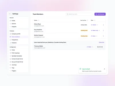 Invite users (team management) add add user apollo configuration confirmation crm hubspot invite invite user linear notification remove user saas salesforce settings side panel status team team members zoominfo