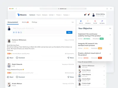 Absenc - Team Management Dashboard clean design management office talent management team management ui ui design ux web web design website