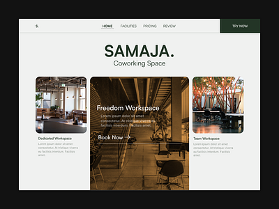 SAMAJA Coworking Space Website Design coworking design editorial freelance green hero design minimalist simple ui uiux website white