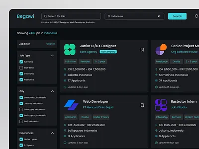 Begawi - Job Finder Dashboard Dark Mode dark mode dashboard design job job finder ui ux