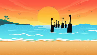 Calicut beach. Sun kissing the ocean design graphic design illustration vector