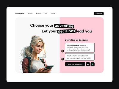 ❤️ Landing for Ai Storyteller app ai artificial intelligence book chatgpt ebooks game girl illustration landing midjourney novel pink product reading review ui artificial intelligence visual novel web design web page woman