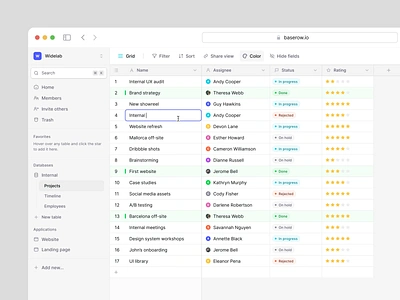 Baserow — new direction 💡 calendar clean columns database grid light menu minimal modern navigation product rating rows sidebar spreadsheet status table ui ux workspace