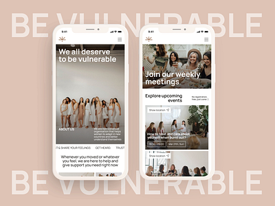 Women's community & support meetings community editorial events feminism landing page landing ui meetings mental health mindfullness minimal mobile design motivation networking self care therapy ui ux woman women