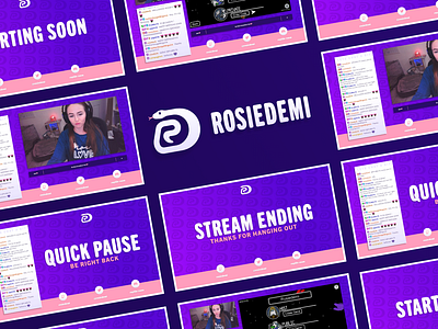 RosieDemi Twitch Branding be right back branding brb ending soon gaming logo overlay pannels starting soon stream design stream ending streamer streaming twitch