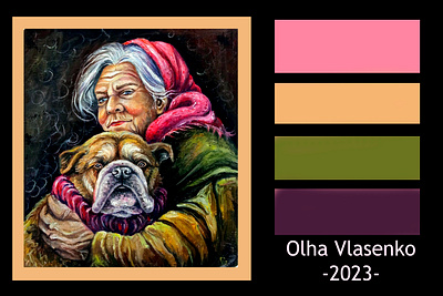 Portrait oil painting: Old dog and grandmother, love and old age art dog grandma hand painted oil old paint painting woman