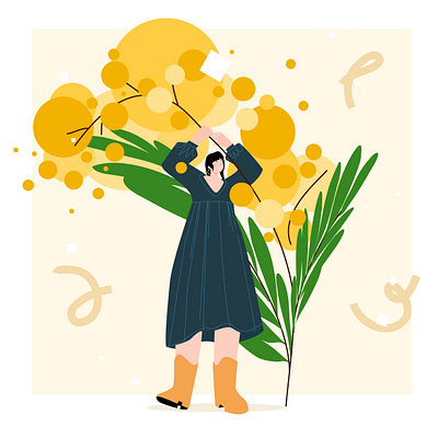 Mimosa for springtime big bloom card character femine flat flower giant girl graphic design hold human illustration mimosa nature plant spring vector woman
