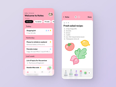 Note-taking app concept cute design daily planner drawing app filters glassmorphism handwritten notes illustration note app note taking app concept design notepad notes notes app planner planner app recipe tags ui vegetables visual effects