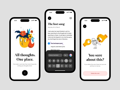 Note taking app – Get started, text formatting and delete item 2d app copenhagen delete modal denmark design freebie get started illustration mobile note note screens note taking text edit text formatting ui