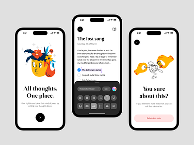 Note taking app – Get started, text formatting and delete item 2d app copenhagen delete modal denmark design freebie get started illustration mobile note note screens note taking text edit text formatting ui