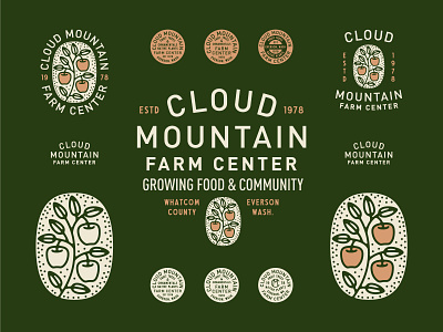 Cloud Mountain Farm Center apple badge branch branding design farm food heritage identity illustration logo retro rural system tree typography vintage