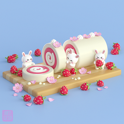 Strawberry Roll Cake 3d 3d character 3d illustration 3dart art cartoon character cinema4d colorful design graphic design illustration isometric lowpoly lowpoly art octane