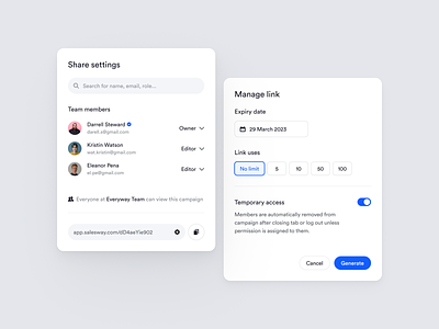 Share & Access Modals access account app campaigns clean date email everyway figma generate limit link members modal permissions settings share team ui ux