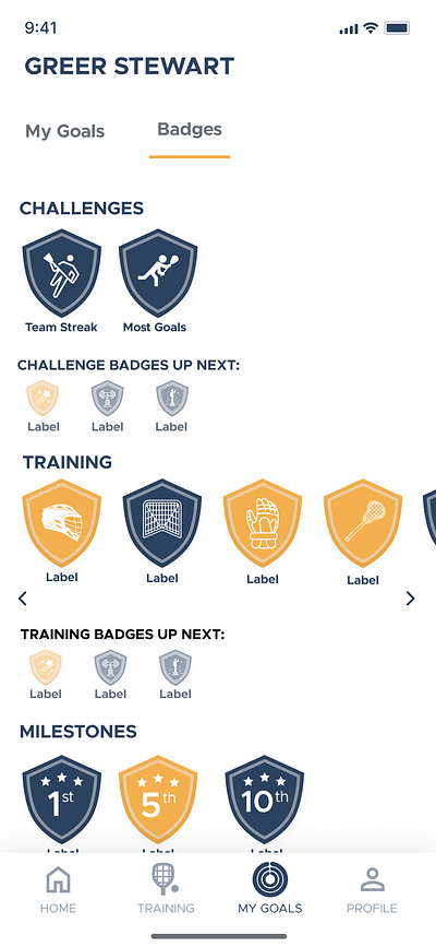 Badges Screen on Lacrosse Training App branding graphic design illustration mobile design ui ux