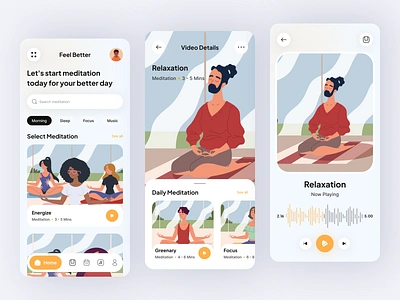 Mobile App - Meditation app design calm clean design energize health app illustration meditation meditation app mental health mindfulness mobile app morning relax relaxation relaxation app relaxing app sleep app wellness yoga yoga app