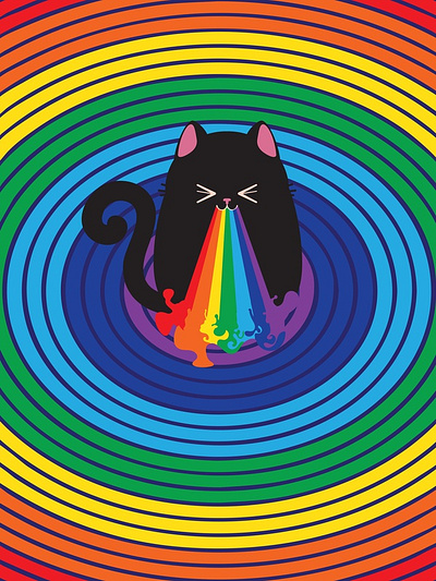 Black cat throw up rainbow 70s black cat cat design ghoovy graphic design home decor illustration poster rainbow redbubble society6 t shirt teepublic vector