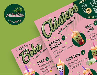 Palmatcha ~ Matcha & Boba Bar ~ Menus boba branding bubble tea graphic design green illustration logo matcha menu palm purple vector