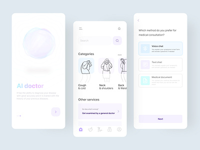 AI Doctor assistant 🤖 ai app bot cards chatgpt clean concept design flat holographic medical minimal mobile modern onboarding search smart ui ux voice