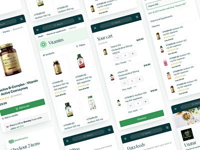 Mobile screens app cart category details e commerce ecommerce green mobile pricing product details shop store ui ux