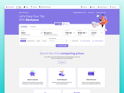 Backpace Flight & Hotel Bookings 3d bookings clean comfort creative design flat hospitality hotels illustration luxury travel typography ui vacation