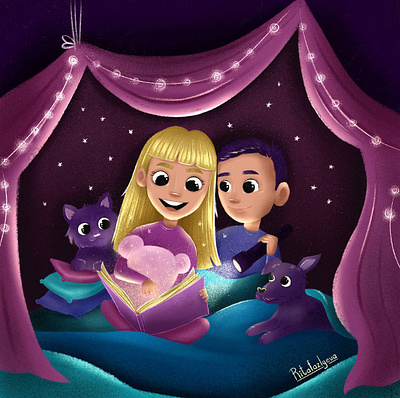 Children with a flashlight read a book at night animals boy character design childrens childrens book design digital art girl illustration night