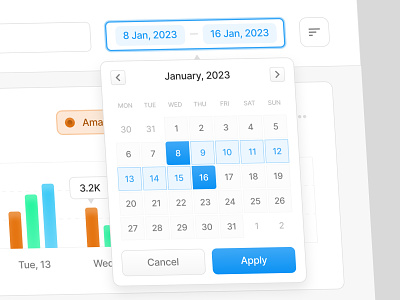 Date picker – Light mode calendar component dashboard date datepicker daterange ecommerce enddate graph responsive startdate stats web