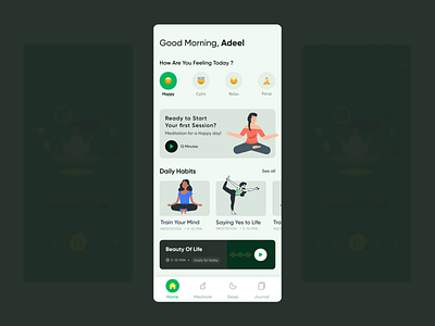 Meditation Journal Mobile App daily habbits design fitness happy health journal meditate meditation app mental health mind tracker mobile app playlist sleep ui ux yoga
