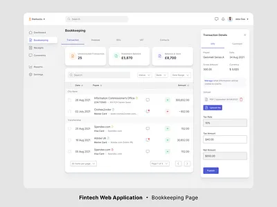 Fintech Web Application - Bookkeeping Page ai app blue button fintech graphics input modal sidebar transaction ui ux web