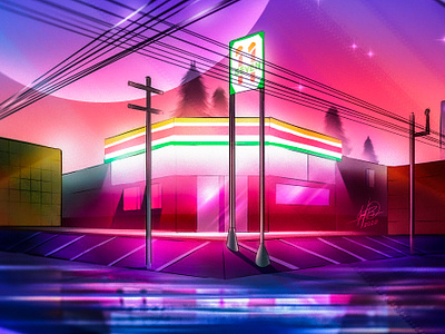 7 eleven or 11 seven anime colors conbini cyberpunk design environment illustration lofi manga store tienda vibrant