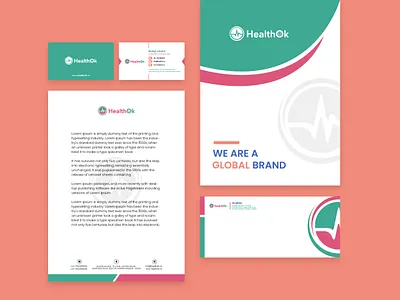 Health Ok Stationery Design. brand branddesign brandidentity branding brandingdesign brandingservice businesscard design envelope graphic design healthbrandidentity identity letterhead logo mockup presentationfolder stationery stationerydesign stationerymockup visitingcard