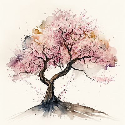 Watercolor Cherry Blossom Tree