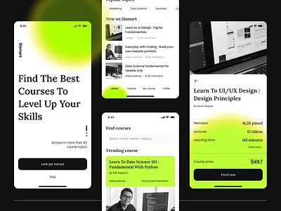 Sismart - Online Learning Mobile App coursera design e learning ecourse gradient green illustration mobile online class online classes online course online learning serif font skill learning skills ui yellow