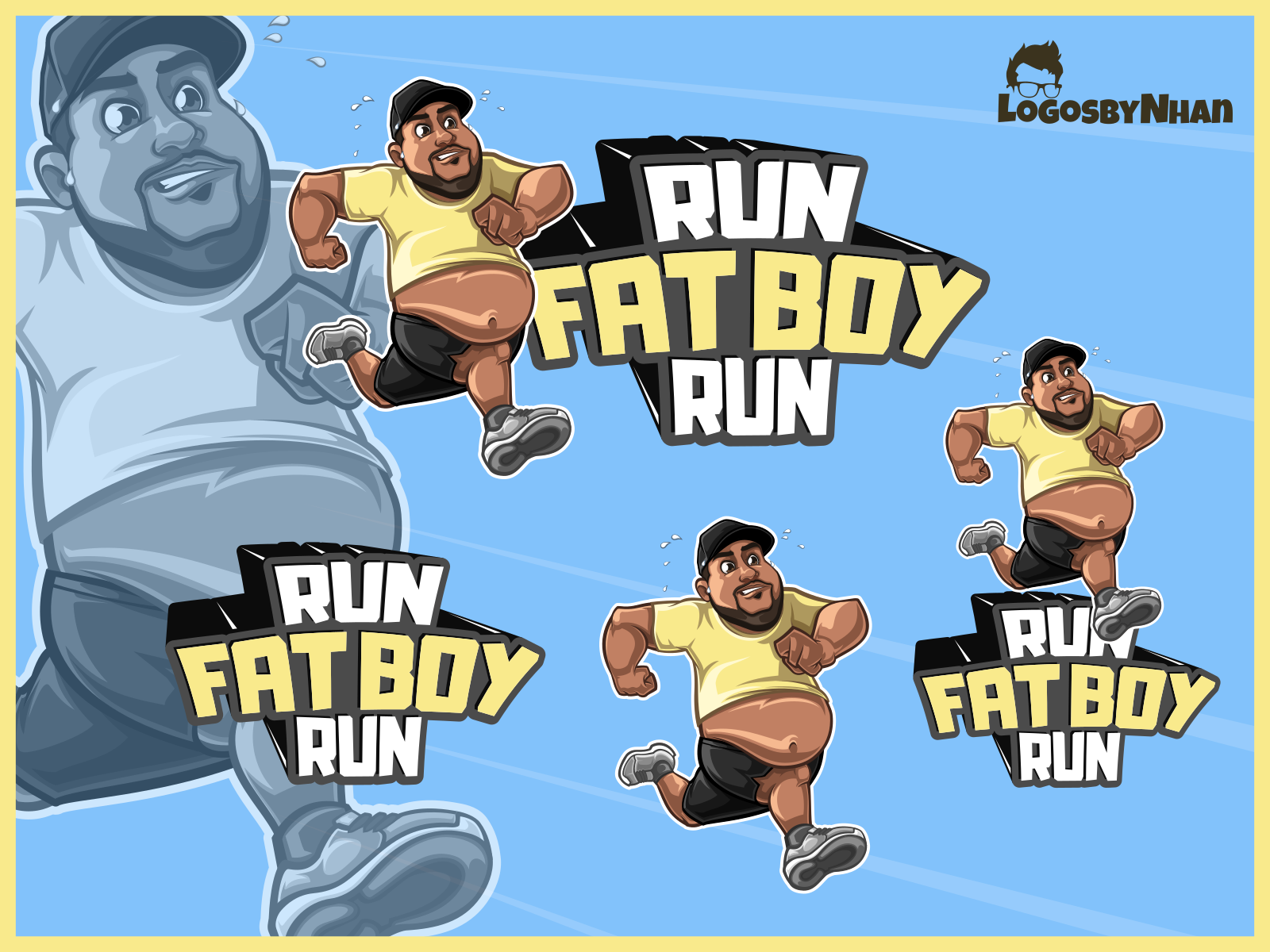 RUN FAT BOY RUN cartoon cartoon character cartoon logo cartoon mascot character design design fat fat boy fat man illustration logo logo design mascot mascot design mascot logo run vector art vector logo vector mascot