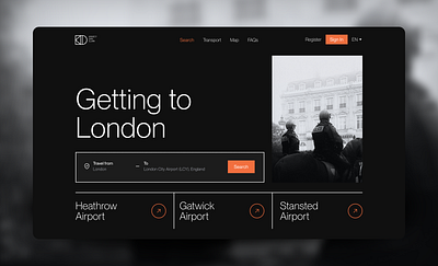 Getting to London black clean clear dark england london mode search simple travel ui ui design ui ux user experience