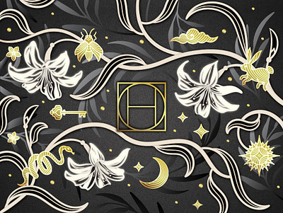 Hipdot Mystic & Witchy Set beauty black branding cosmetic decorative design flower gold graphic design illustration label lily mystic organic packaging pattern design surface design vector