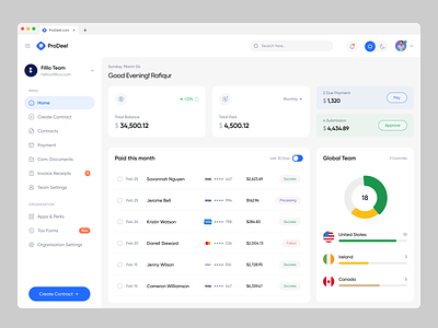 ProDeel - Dashboard Page agreement contract crm dashboard deals deel finance financial fintech hrm leads managment payroll product product design project saas system timeline