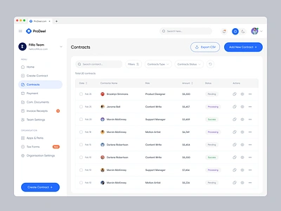 ProDeel - Contracts List Page agreement contract contractbook crm dashboard deals deel finance hr hrm list list view management payment payroll product saas system templates web
