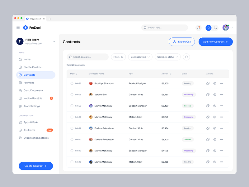 ProDeel - Contracts List Page agreement contract contractbook crm dashboard deals deel finance hr hrm list list view management payment payroll product saas system templates web