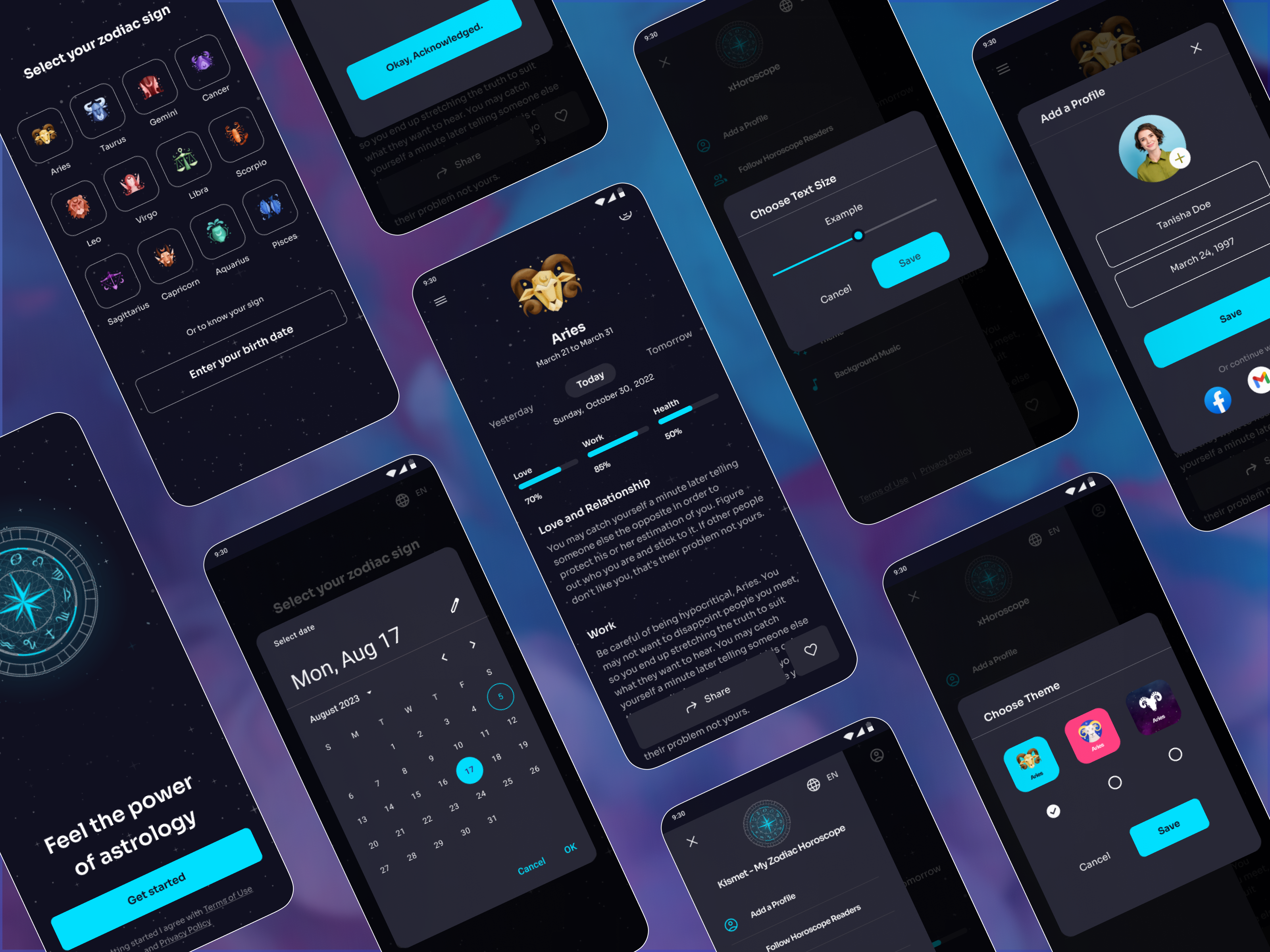 Kismet - Zodiac Horoscope App app app design app ui astrologer astrology cosmos fortune fortune teller galaxy horoscope mobile app mobile app ui mobile ui planet zodiac