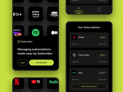 A mobile app to manage your online subscriptions app design apple tv dark mode dark mode mobile app minial mobile app netflix onboarding onboarding screen product design splash screen subscription ui ui design ux