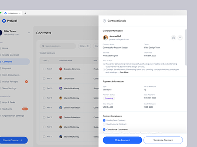 ProDeel - Contract Details Page clean contract crm dashboard deel dropdown expand list minimal modal panel payment payroll popup product saas sidepanel ui ux web