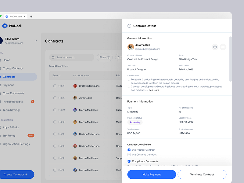 ProDeel - Contract Details Page clean contract crm dashboard deel dropdown expand list minimal modal panel payment payroll popup product saas sidepanel ui ux web