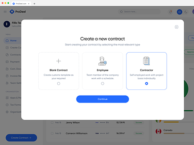 ProDeel - Create Contract components create create contract creation crm deel design flow management modal payroll popup process product saas stepper steps ui design ux design